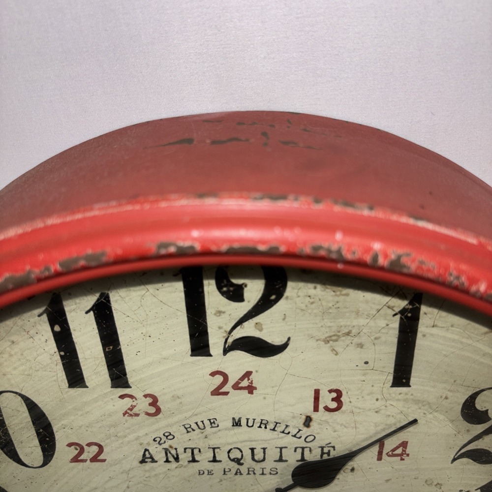 ANTIQUITE DE PARIS Distressed Look Chippy Metal Clock Red Heavy Industrial WORKS - Picture 2 of 6